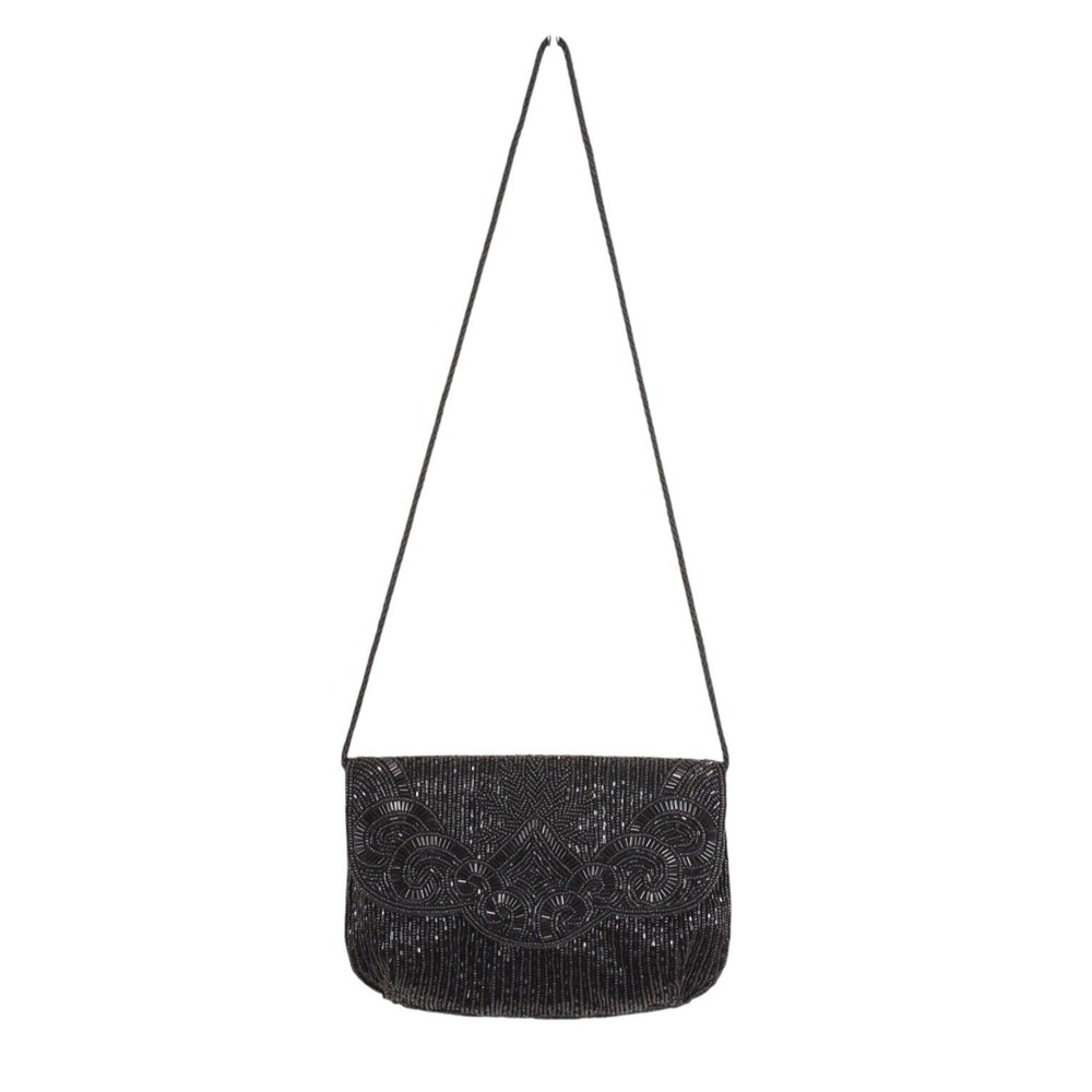 VTG Accessory Lady Beaded‎ Evening Clutch Handbag Purse Shoulder Bag BLACK